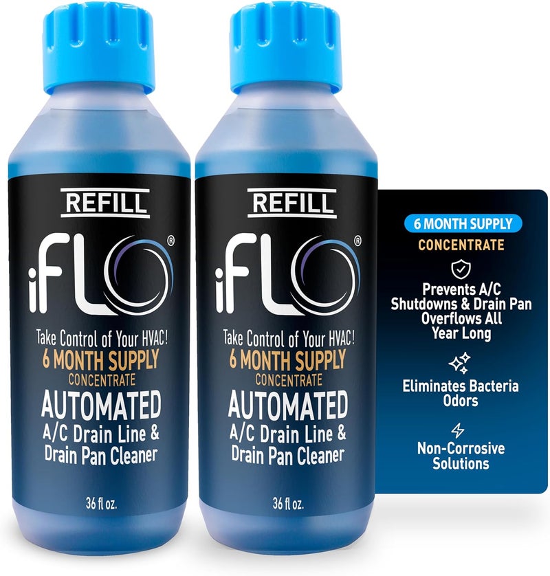 iFLO ® Smart A/C Drain Line Cleaner and Drain Pan Cleaner Cartridge Concentrate, Fast-Acting, Long-Lasting HVAC System Solution for Tough Clogs & Buildup, 6-Month Supply per Bottle, 2 Pack of 36oz - Image 1